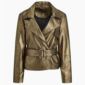 Donna Karan New York Gold Metallic Leather Belted Biker Jacket in Small
